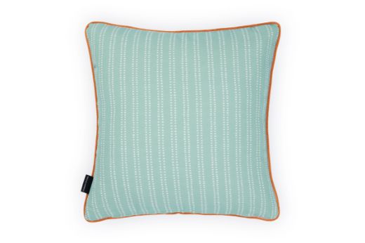 Back view of The Hudson Stripe Outdoor Cushion featuring a intricate, dashed stripe design in Turchese blue and white, offering a modern yet timeless look for outdoor spaces.