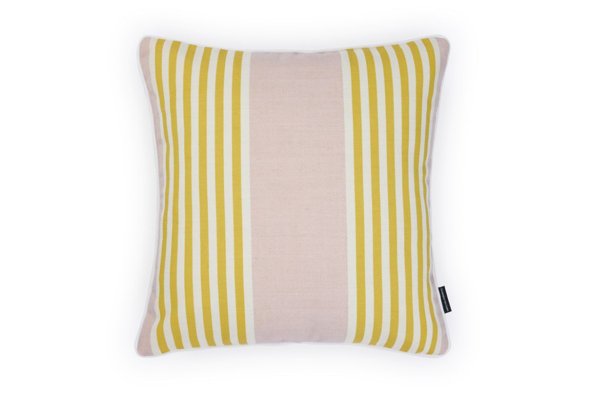 Front view of The Hudson Stripe Outdoor Cushion featuring a bold stripe design in Limone yellow, white and a centred plaster pink stripe block offering a modern yet timeless look for outdoor spaces.