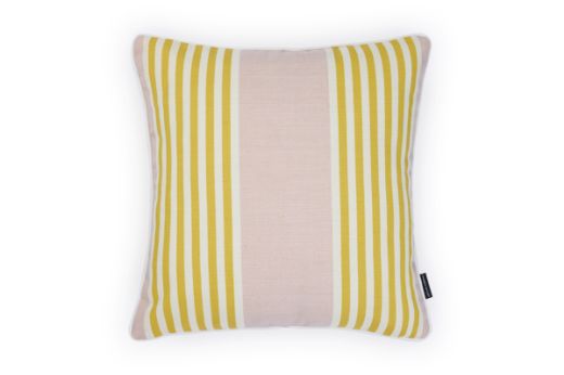 Front view of The Hudson Stripe Outdoor Cushion featuring a bold stripe design in Limone yellow, white and a centred plaster pink stripe block offering a modern yet timeless look for outdoor spaces.