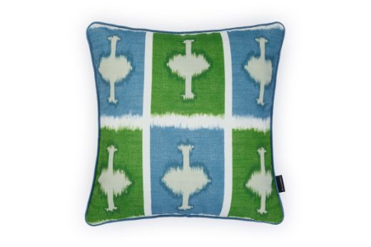 Front view of Ozone and Cremaillere Outdoor Cushion featuring a bold geometric design in Prato green, blue, and white, offering a modern yet timeless look for outdoor spaces.
