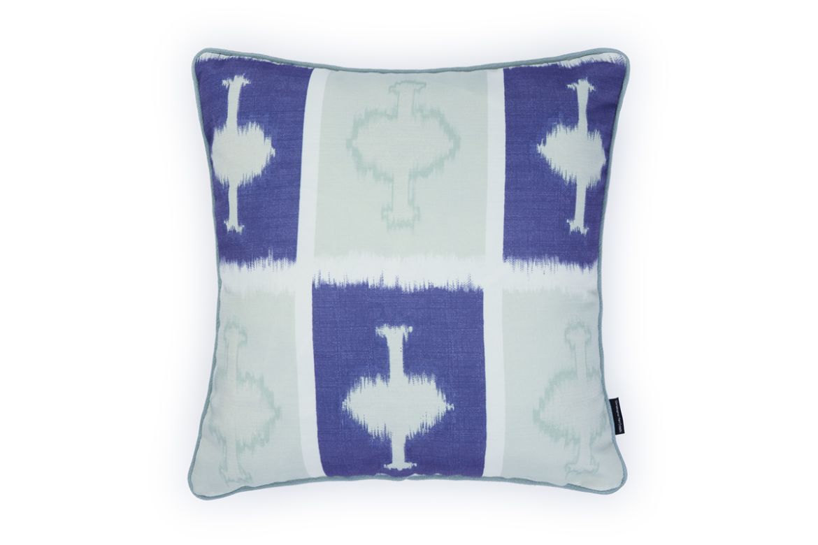 Front view of Ozone and Cremaillere Outdoor Cushion featuring a bold geometric design in Azzurro navy blue, white and light blue offering a contrast of colours for a modern yet timeless look for outdoor spaces.