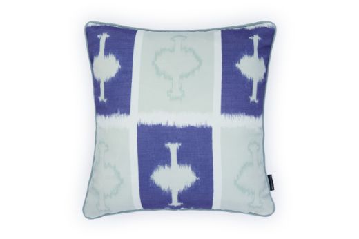 Front view of Ozone and Cremaillere Outdoor Cushion featuring a bold geometric design in Azzurro navy blue, white and light blue offering a contrast of colours for a modern yet timeless look for outdoor spaces.