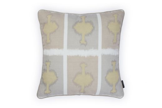 Front view of Ozone and Cremaillere Outdoor Cushion featuring a bold geometric design in Latte, neutral and grey hues offering a sophisticated modern yet timeless look for outdoor spaces.