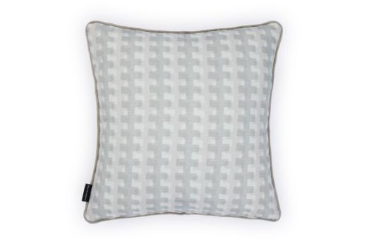 Back view of Ozone and Cremaillere Outdoor Cushion featuring a repetitive geometric design in grey, neutral and white, offering a modern yet timeless look for outdoor spaces.