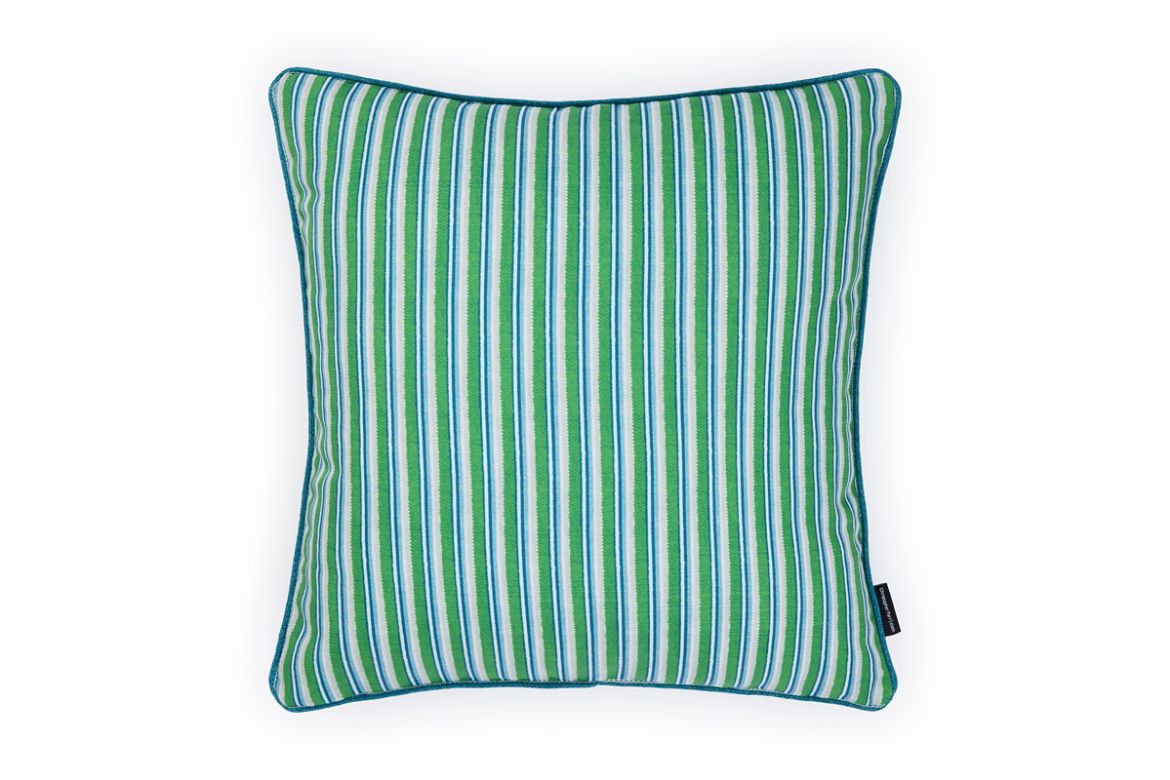 Peace and Love Prato Green and Blue Stripe Outdoor Cushion featuring a bold striped design in green and blue, with piped edges, designed by Kit Kemp.