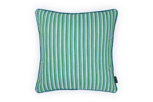 Peace and Love Prato Green and Blue Stripe Outdoor Cushion featuring a bold striped design in green and blue, with piped edges, designed by Kit Kemp.