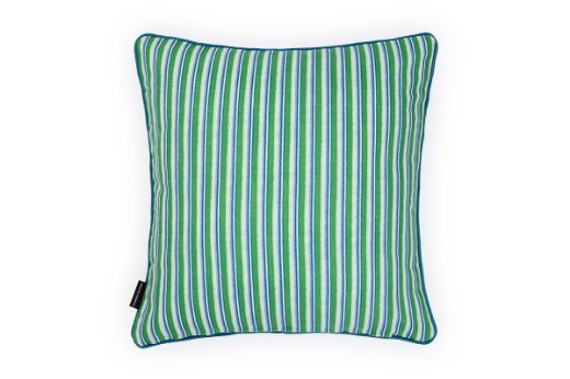 Peace and Love Prato Green and Blue Stripe Outdoor Cushion featuring a bold striped design in green and blue, with piped edges, designed by Kit Kemp.