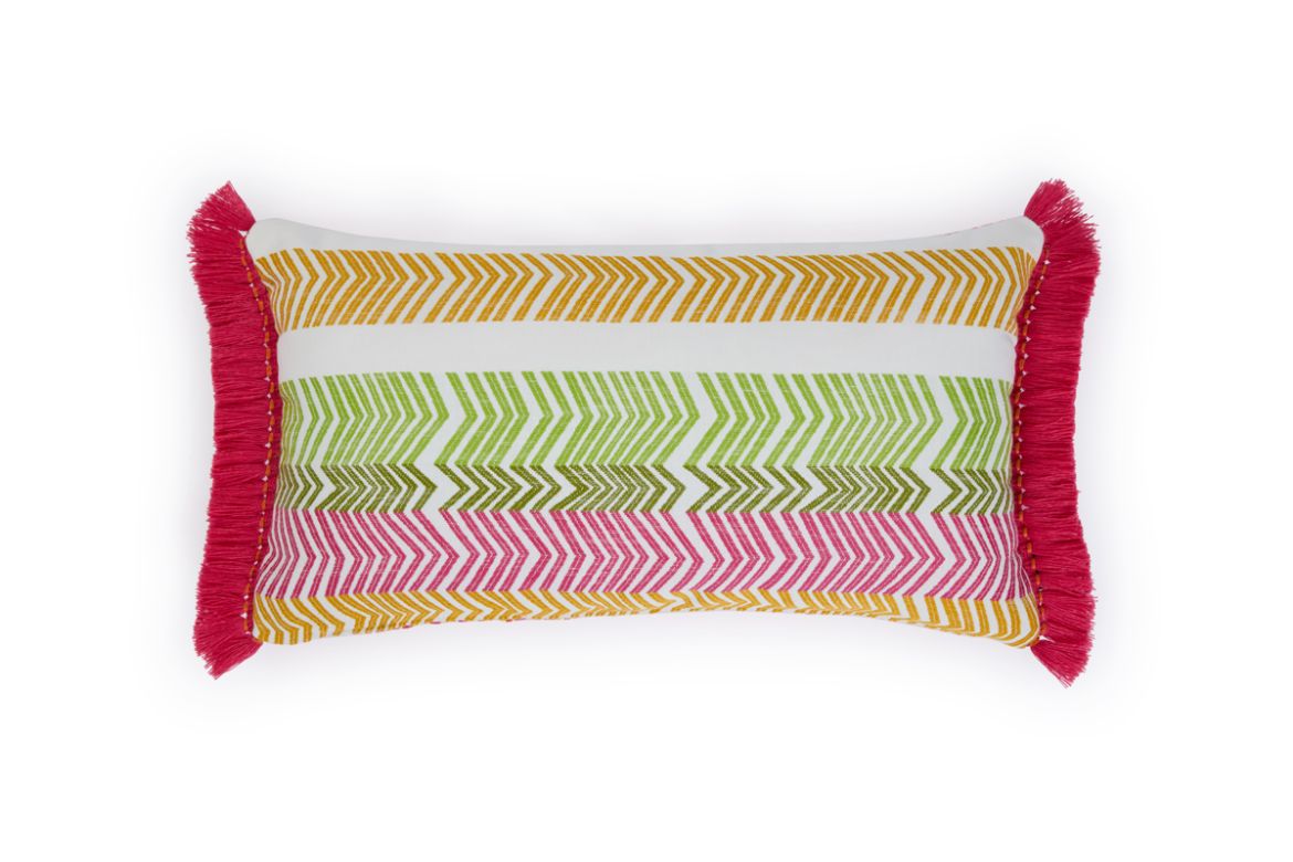 Front View Bookend Rosa Prato Performance Woven Stripe Outdoor Cushion featuring a bold striped design in multi colours with pink Hula fringed side edges