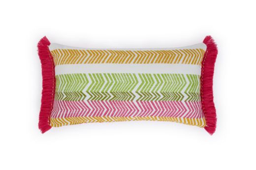 Front View Bookend Rosa Prato Performance Woven Stripe Outdoor Cushion featuring a bold striped design in multi colours with pink Hula fringed side edges