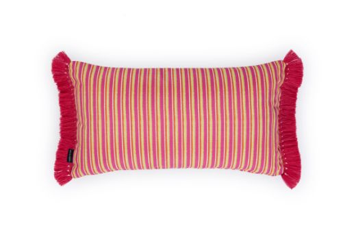 Back View of Bookend Hula Fringe Outdoor Cushion featuring a repetitive striped design in pink and yellow colours with pink Hula fringed side edges