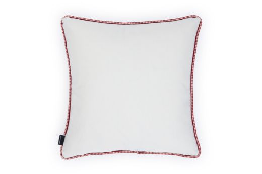 Limited Edition Aubergine Carnival Cushion featuring a vibrant purple and blue tone with a hand-stitched pomegranate floral and leaf design, back of the cushion in plain ecru linen