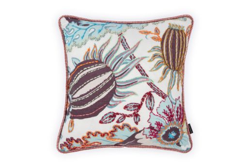 Limited Edition 01 Aubergine Carnival Cushion featuring a vibrant purple and blue tone with a hand-stitched pomegranate floral and leaf design, adding an artistic touch to your décor.