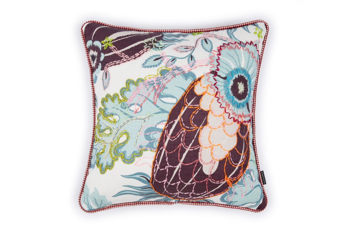 Limited Edition 03 Aubergine Carnival Cushion featuring a vibrant purple and blue tone with a hand-stitched pomegranate floral and leaf design, adding an artistic touch to your décor.