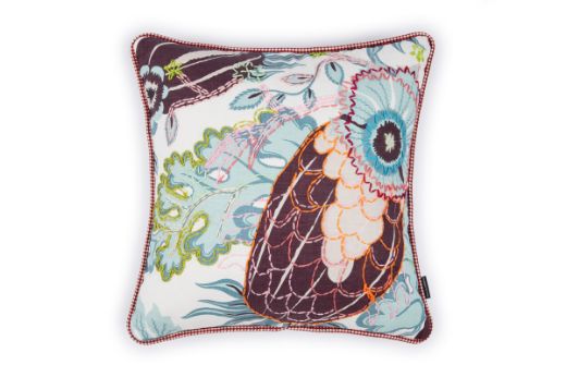 Limited Edition 03 Aubergine Carnival Cushion featuring a vibrant purple and blue tone with a hand-stitched pomegranate floral and leaf design, adding an artistic touch to your décor.