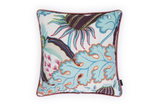 Limited Edition 04 Aubergine Carnival Cushion featuring a vibrant purple and blue tone with a hand-stitched pomegranate floral and leaf design, adding an artistic touch to your décor.