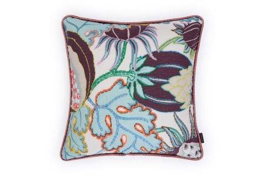 Limited Edition 06 Aubergine Carnival Cushion featuring a vibrant purple and blue tone with a hand-stitched pomegranate floral and leaf design, adding an artistic touch to your décor.