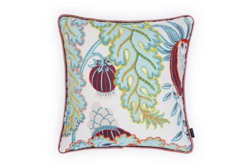 Limited Edition 05 Aubergine Carnival Cushion featuring a vibrant purple and blue tone with a hand-stitched pomegranate floral and leaf design, adding an artistic touch to your décor.
