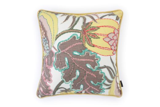 Front View of Limited Edition 01 Stockholm Carnival Cushion featuring warm brown, yellow, and mint hues with a hand-stitched pomegranate floral and leaf design, adding an artistic touch to your décor.