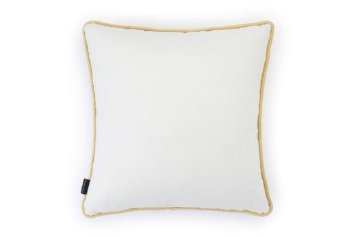 Back of the Limited Edition Stockholm Carnival Cushion which is plain Ecru Linen, the front featuring warm brown, yellow, and mint hues with a hand-stitched pomegranate floral and leaf design, adding an artistic touch to your décor.
