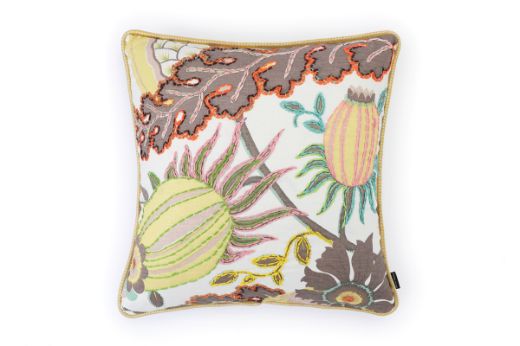 Front View of Limited Edition 02 Stockholm Carnival Cushion featuring warm brown, yellow, and mint hues with a hand-stitched pomegranate floral and leaf design, adding an artistic touch to your décor.