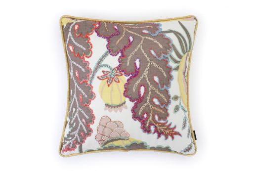 Front View of Limited Edition 03 Stockholm Carnival Cushion featuring warm brown, yellow, and mint hues with a hand-stitched pomegranate floral and leaf design, adding an artistic touch to your décor.
