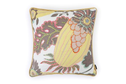 Front View of Limited Edition 04 Stockholm Carnival Cushion featuring warm brown, yellow, and mint hues with a hand-stitched pomegranate floral and leaf design, adding an artistic touch to your décor.