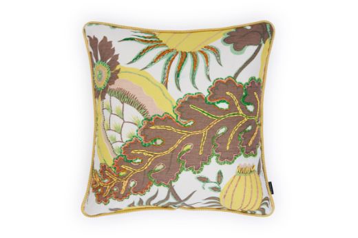 Front View of Limited Edition 06 Stockholm Carnival Cushion featuring warm brown, yellow, and mint hues with a hand-stitched pomegranate floral and leaf design, adding an artistic touch to your décor.