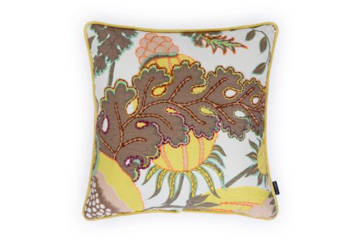 Front View of Limited Edition 05 Stockholm Carnival Cushion featuring warm brown, yellow, and mint hues with a hand-stitched pomegranate floral and leaf design, adding an artistic touch to your décor.