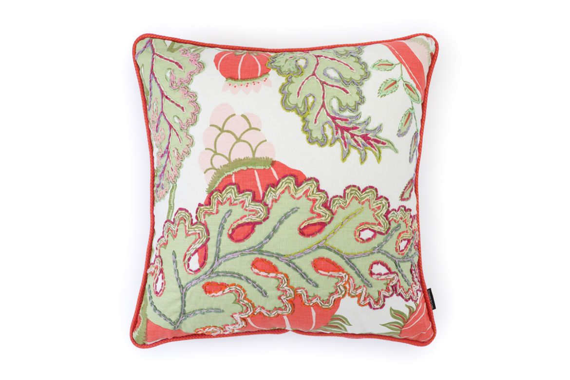 Front View Limited Edition 01 Cirque En Fleur Carnival Cushion featuring vibrant corals, greens, and pinks with a hand-stitched pomegranate floral and leaf design, adding an artistic touch to your décor.