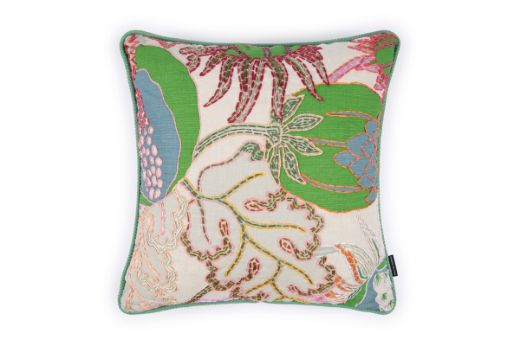 Front View Limited Edition Carnival 21 Cushion in Green colourway featuring soothing blues and greens with a hand-stitched pomegranate floral and leaf design, adding an artistic touch to your décor.