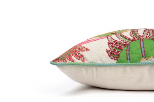 Side View Limited Edition Carnival 21 Cushion in Green colourway featuring soothing blues and greens with a hand-stitched pomegranate floral and leaf design, adding an artistic touch to your décor.