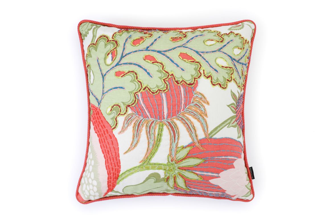 Front View Limited Edition 02 Cirque En Fleur Carnival Cushion featuring vibrant corals, greens, and pinks with a hand-stitched pomegranate floral and leaf design, adding an artistic touch to your décor.