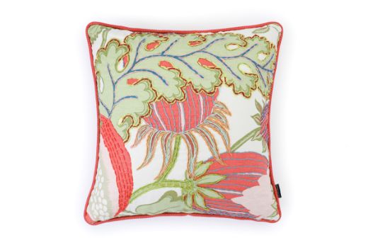 Front View Limited Edition 02 Cirque En Fleur Carnival Cushion featuring vibrant corals, greens, and pinks with a hand-stitched pomegranate floral and leaf design, adding an artistic touch to your décor.