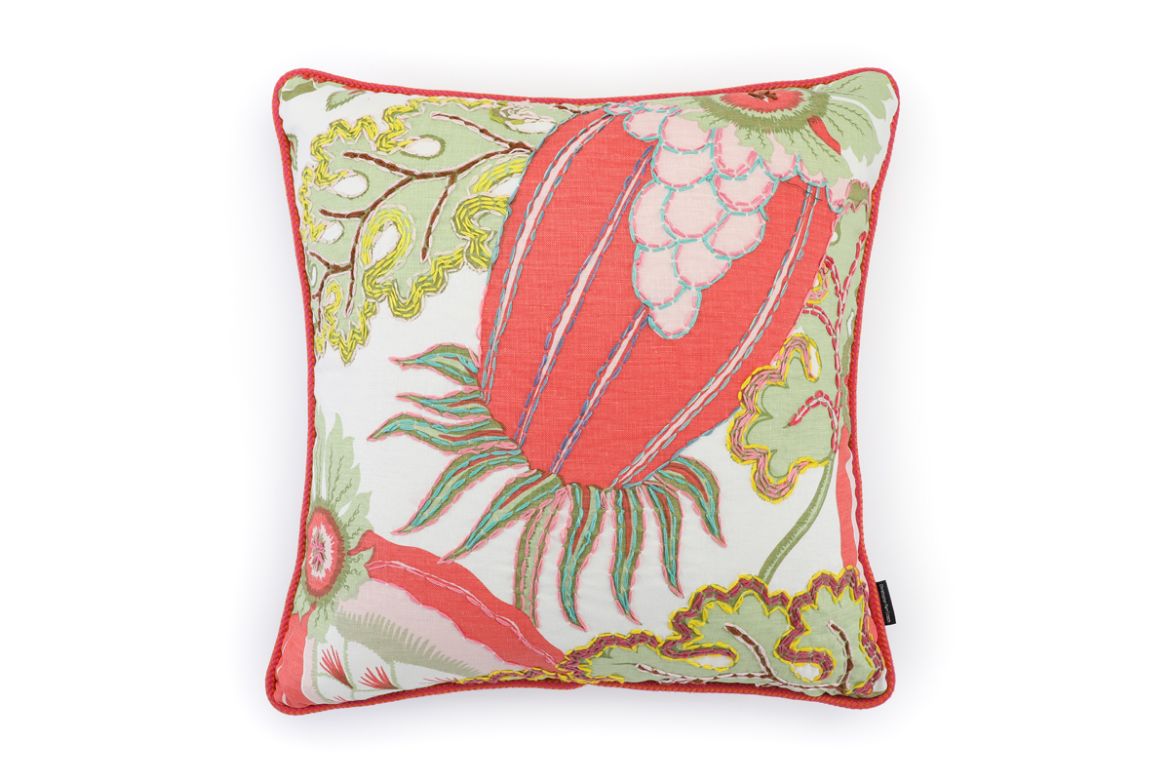 Front View Limited Edition 03 Cirque En Fleur Carnival Cushion featuring vibrant corals, greens, and pinks with a hand-stitched pomegranate floral and leaf design, adding an artistic touch to your décor.