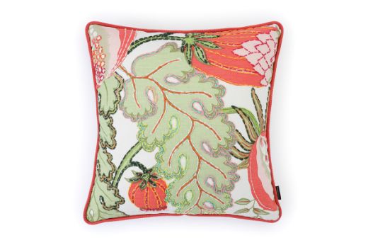 Front View Limited Edition 05 Cirque En Fleur Carnival Cushion featuring vibrant corals, greens, and pinks with a hand-stitched pomegranate floral and leaf design, adding an artistic touch to your décor.