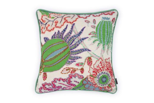 Front View Limited Edition Carnival 22 Cushion in Green colourway featuring soothing blues and greens with a hand-stitched pomegranate floral and leaf design, adding an artistic touch to your décor.
