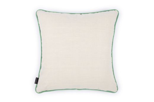 Back View Limited Edition Carnival Cushion in Natural colourway featuring on the front soothing blues and greens with a hand-stitched pomegranate floral and leaf design, adding an artistic touch to your décor.