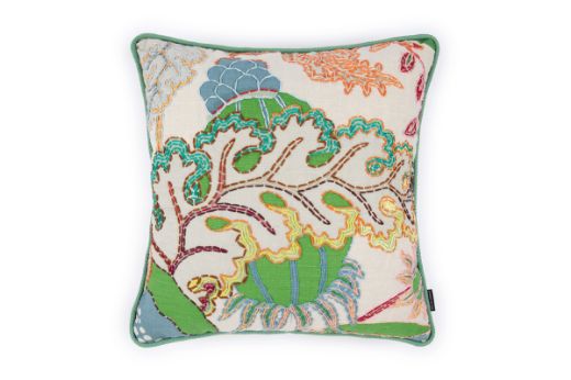 Front View Limited Edition Carnival 23 Cushion in Green colourway featuring soothing blues and greens with a hand-stitched pomegranate floral and leaf design, adding an artistic touch to your décor.