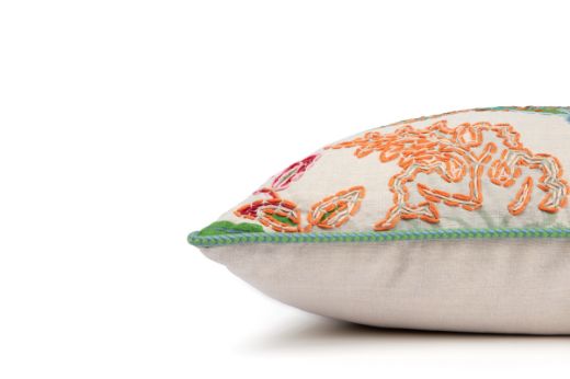 Side View Limited Edition Carnival 23 Cushion in Green colourway featuring soothing blues and greens with a hand-stitched pomegranate floral and leaf design, adding an artistic touch to your décor.