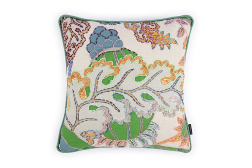 Front View Limited Edition Carnival 24 Cushion in Green colourway featuring soothing blues and greens with a hand-stitched pomegranate floral and leaf design, adding an artistic touch to your décor.