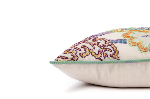 Side View Limited Edition Carnival 24 Cushion in Green colourway featuring soothing blues and greens with a hand-stitched pomegranate floral and leaf design, adding an artistic touch to your décor.