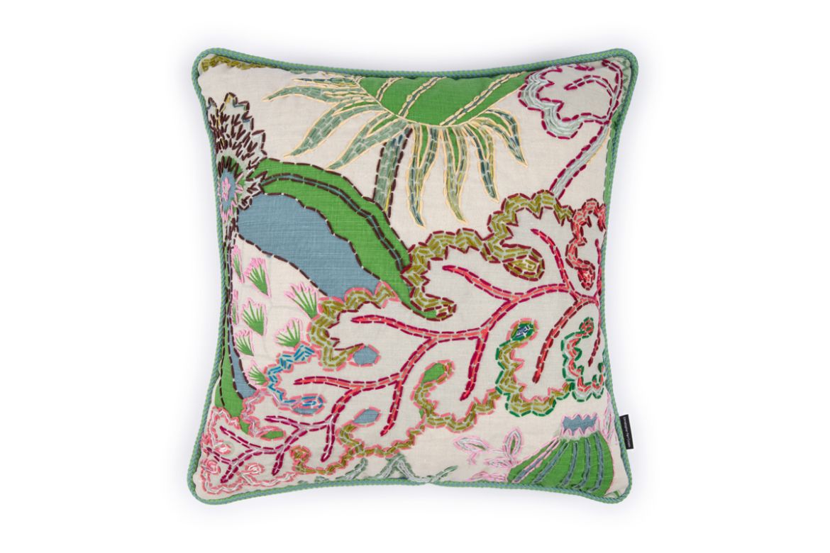 Front View Limited Edition Carnival 25 Cushion in Green colourway featuring soothing blues and greens with a hand-stitched pomegranate floral and leaf design, adding an artistic touch to your décor.