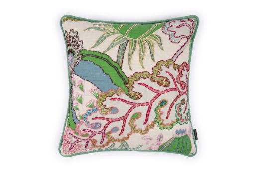Front View Limited Edition Carnival 25 Cushion in Green colourway featuring soothing blues and greens with a hand-stitched pomegranate floral and leaf design, adding an artistic touch to your décor.
