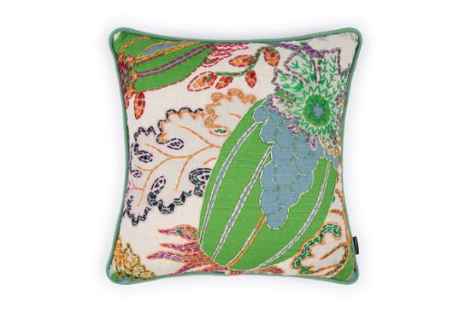 Front View Limited Edition Carnival 26 Cushion in Green colourway featuring soothing blues and greens with a hand-stitched pomegranate floral and leaf design, adding an artistic touch to your décor.