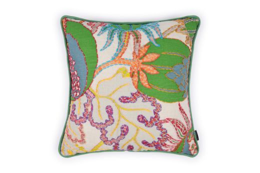 Front View Limited Edition Carnival 27 Cushion in Green colourway featuring soothing blues and greens with a hand-stitched pomegranate floral and leaf design, adding an artistic touch to your décor.