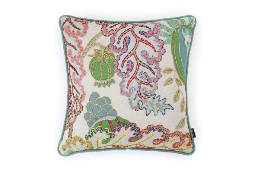 Front View Limited Edition Carnival 28 Cushion in Green colourway featuring soothing blues and greens with a hand-stitched pomegranate floral and leaf design, adding an artistic touch to your décor.