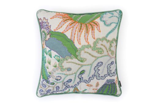 Front View Limited Edition Carnival 29 Cushion in Green colourway featuring soothing blues and greens with a hand-stitched pomegranate floral and leaf design, adding an artistic touch to your décor.