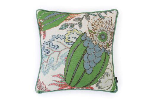 Front View Limited Edition Carnival 30 Cushion in Green colourway featuring soothing blues and greens with a hand-stitched pomegranate floral and leaf design, adding an artistic touch to your décor.