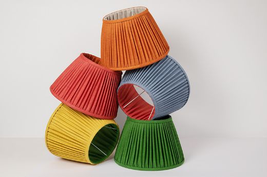 Stacked Rainbow Coloured 14" UK/EU Gimbal Pleated Lampshades in Soprano Linen Fabric by Christopher Farr Cloth