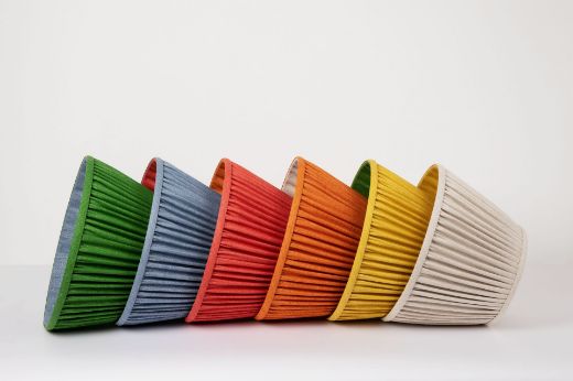 Stacked Rainbow Coloured 14" Pleated Lampshades in Soprano Linen Fabric by Christopher Farr Cloth